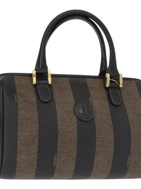 FENDI Pecan Canvas Boston Bag Black Brown gold Auth
